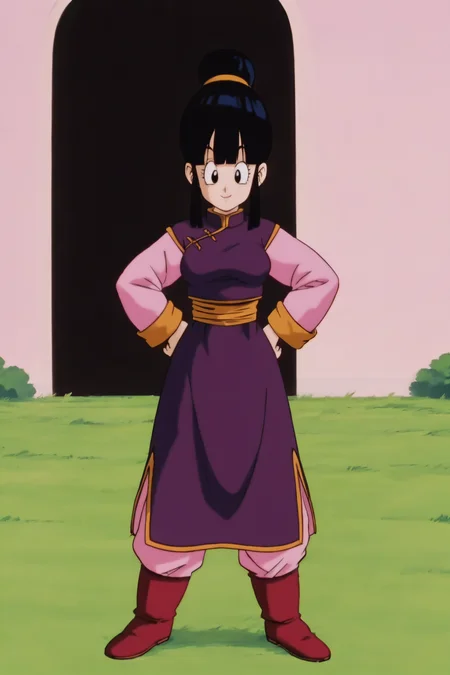 source_anime, score_9, score_8_up, score_7_up, anime screencap,8k, absurd res,
chi-chi, 1girl, solo, breasts, looking at viewer, smile, bangs, grass, outdoors, black hair, long sleeves, pink sleeves, house, medium breasts, closed mouth, standing, full body, sidelocks, boots, pink pants, blunt bangs, hair bun, black eyes, orange sash, eyelashes, chinese clothes, happy, single hair bun, red footwear, china dress, purple dress, legs apart, hands on hips, (raised eyebrows)
<lora:chichiDBZ_pony_v1:0.8>