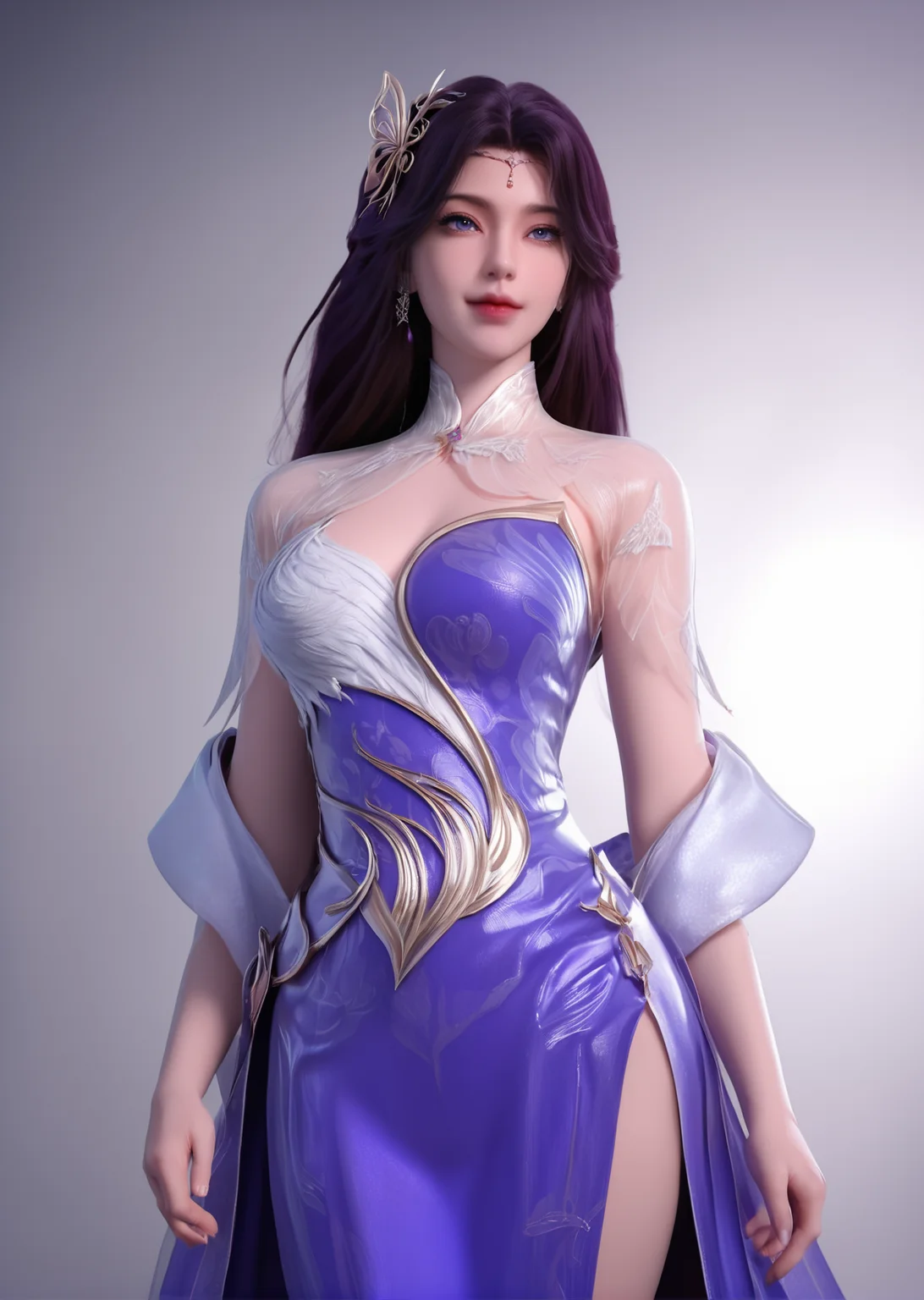 looking_at_viewer,cowboy_shot,(curvy:1.4),1girl,solo,dress,hair ornament,portiart,from front,masterpiece,(best quality),official art,extremely detailed cg 8k wallpaper,((crystalstexture skin)),(extremely delicate and beautiful),solo,realistic,photo_\(medium\),hiqcgbody,purple eyes,chinese background,<lora:äºæ¦_V2-000001:1>,eye-contact,(smile:0.8),jewelry,purple with white waistband,