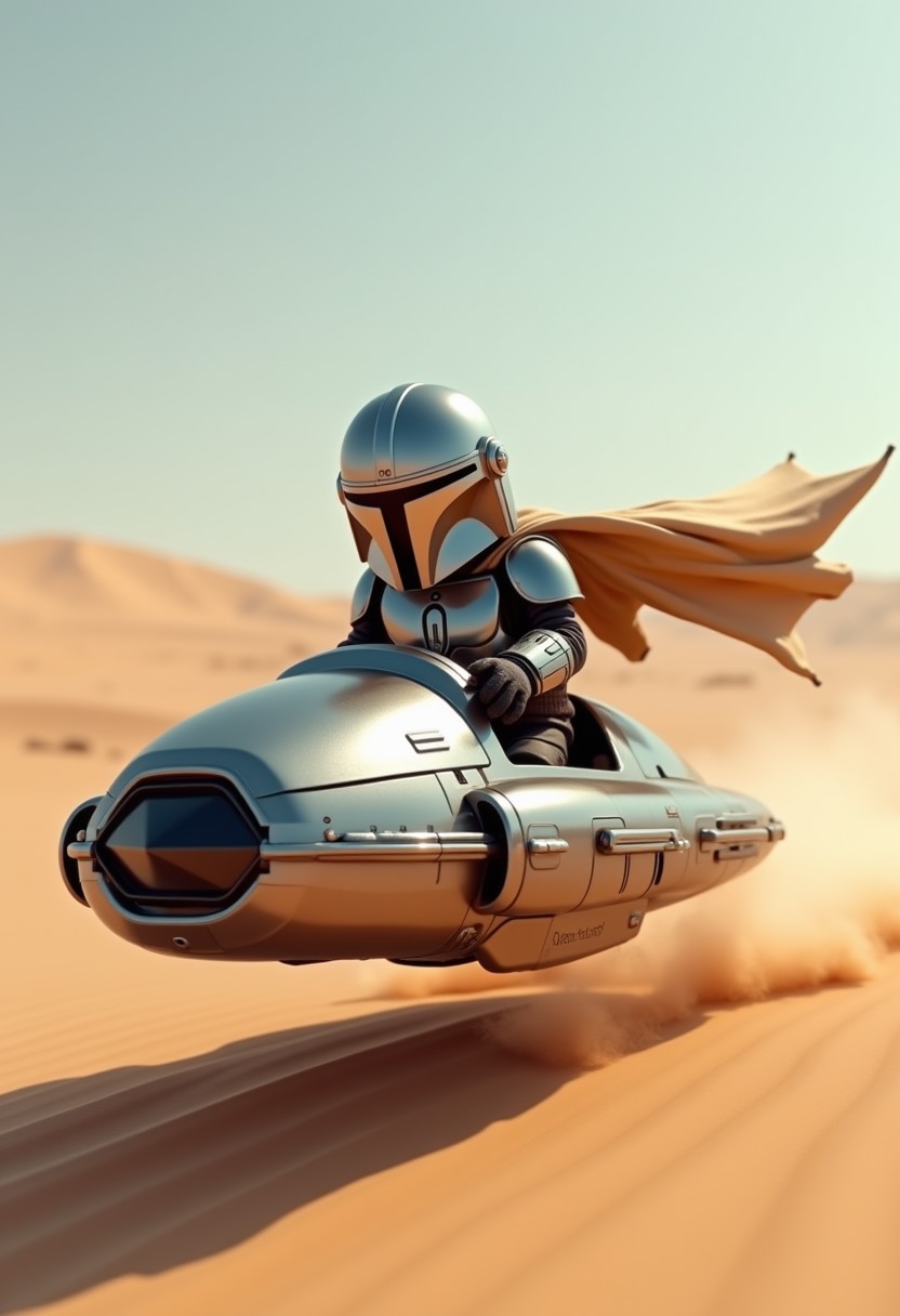 A baby Mandalorian in chrome armor riding on a kid hover craft, sand dunes