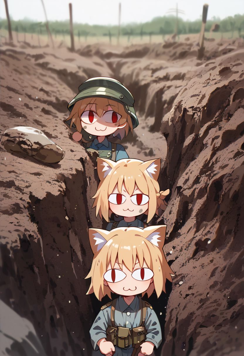 score_9,score_8_up,score_7_up,score_6_up,source_anime,<lora:trenchwarfarepony:1>,trench warfare,upper body,looking at viewer,smile,muddy,group of girls,3girls,face focus,necoarc,,blonde hair, red eyes,slit pupils, cat ears, chibi, :(