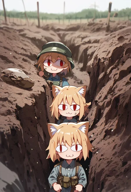score_9,score_8_up,score_7_up,score_6_up,source_anime,<lora:trenchwarfarepony:1>,trench warfare,upper body,looking at viewer,smile,muddy,group of girls,3girls,face focus,necoarc,,blonde hair, red eyes,slit pupils, cat ears, chibi, :(