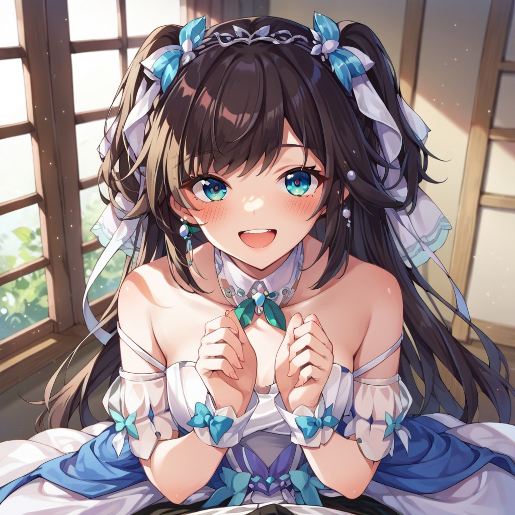 score_9, score_8_up, score_7_up, source_anime, wedding dress, hair ribbon, very long hair, POV, looking at viewer, blush, smile, open mouth, upper teeth only