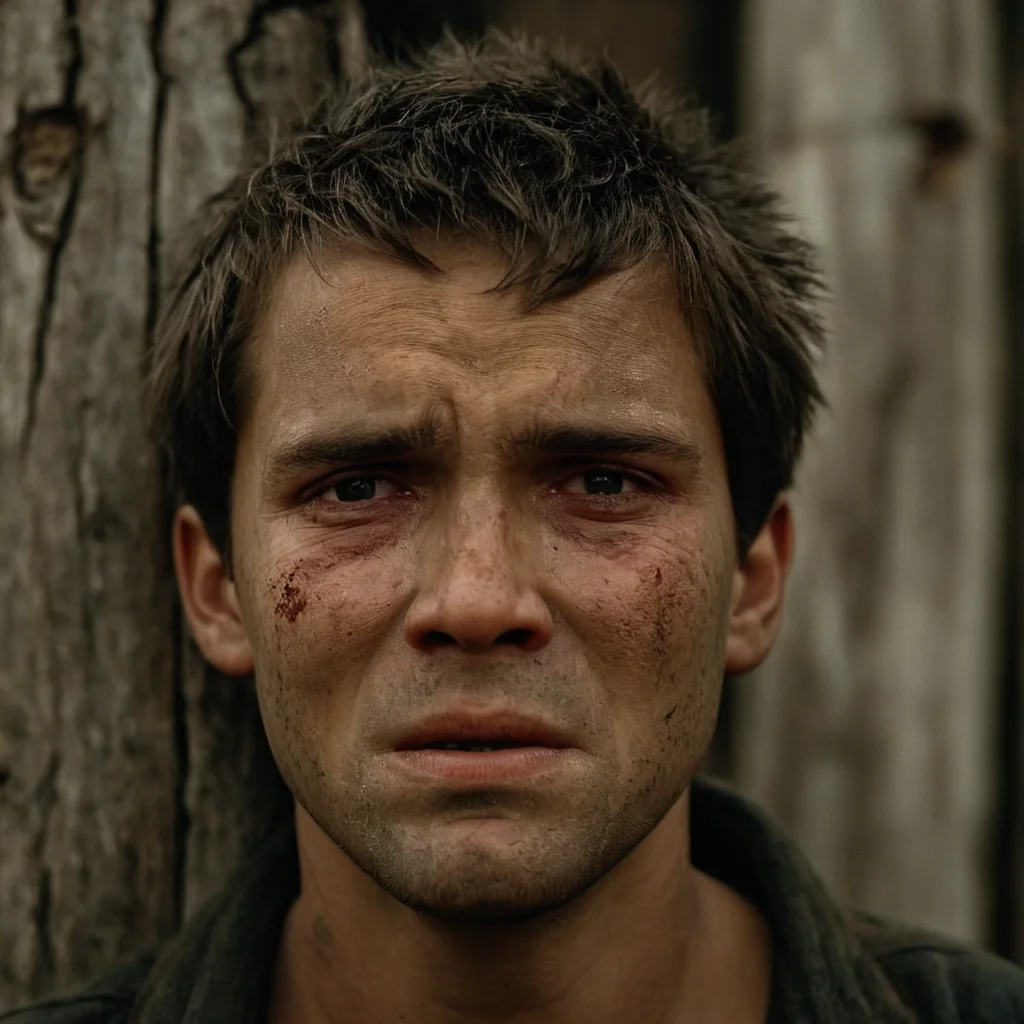 cinematic film still of <lora:shell shock style:1>
A cinematic Kodak Fujifilm picture of a man with a dirty face and a piece of wood, sharp, detailed, cinematic, sad, depressed, wrinkly, tired, fatigue, unhappy, glum, melancholy, miserable, sorrowful, dejected, disconsolate, downhearted, downcast, realism, realistic, dispirited, desolate, oppressed, panic, fear, Combat stress reaction, shell shock style, solo, looking at viewer, 1boy, male focus, teeth, blood, clenched teeth, portrait, smile, black hair, blurry, blurry background, bandages, blood on face, pillarboxed
, shallow depth of field, vignette, highly detailed, high budget, bokeh, cinemascope, moody, epic, gorgeous, film grain, grainy