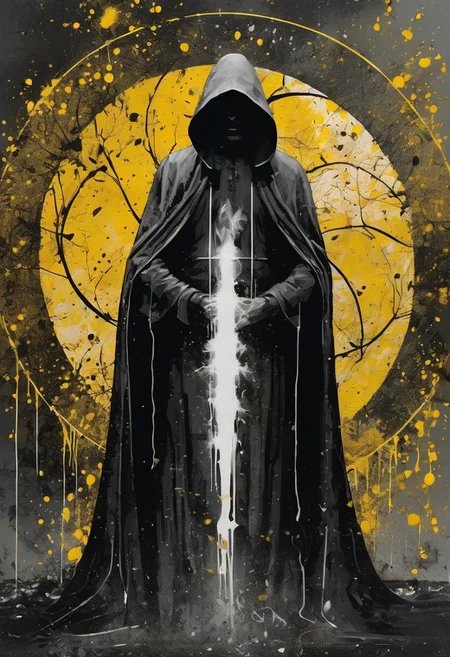 horror film style the image portrays a dark and enigmatic figure, clad in a long cloak that obscures their identity. the figure is situated within a circular motif composed of splattered black ink, reminiscent of an ethereal halo or aura surrounding them. this motif encircles the figure, further emphasizing its significance. the backdrop consists of yellowish splatters, which contrast with the darker tones of the figure and the black motif. these splatters are scattered across the canvas, creating a sense of chaos and unpredictability. overall, this artwork exudes a mysterious and dramatic atmosphere, leaving viewers to speculate about the identity and intentions of the cloaked figure at its center. . suspenseful music, dark visuals, supernatural events, jump scares 
photography. Natural geographic photo. trending on artlist, Hyper-realistic, 16k resolution, intricate details.
(masterpiece, award winning artwork)
many details, extreme detailed, full of details,
Wide range of colors, high Dynamic
 OverallDetailXL
<lora:add-detail-xl:0.95>
<lora:WildcardX-XL-Detail-Enhancer:0.9>
<lora:xl_more_art-full_v1:0.2>
<lora:ElementsMixSDXL:1> ElementsMix, fire, water, wind, earth