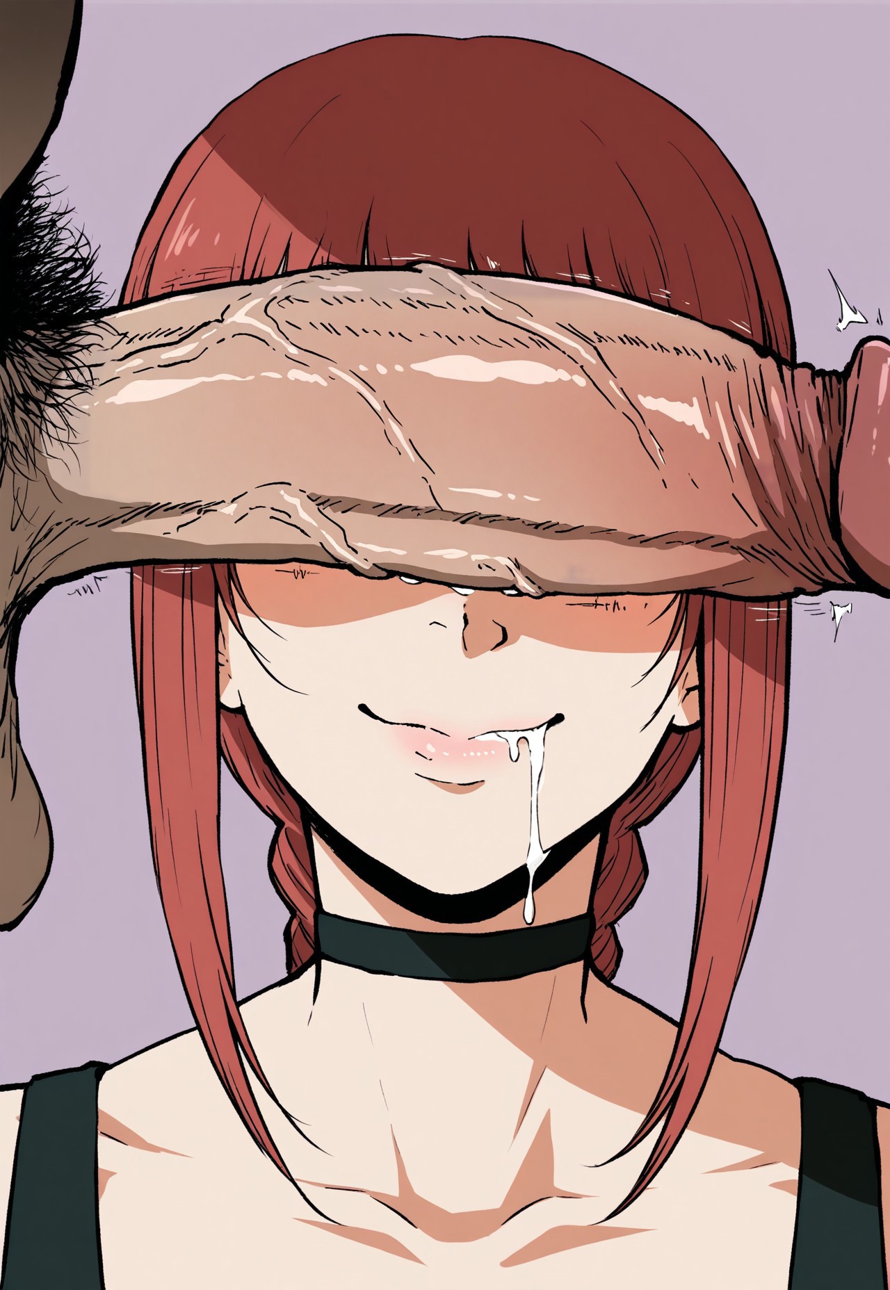 safe_pos, safe_pos, Masterpiece, Makima (Chainsaw Man), 1girl, 1boy, (Close-Up Portrait), choker, drool, smile, stray pubic hair, large penis, penis covering eyes, simple background