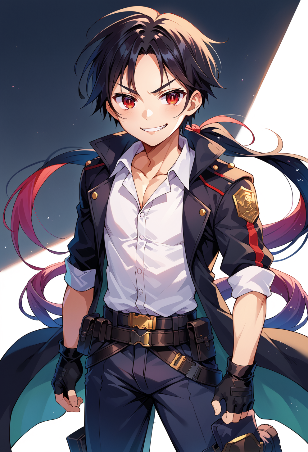 score_9, score_7_up, source_anime, BREAK <lora:kamiya_yuu-Style-PonyXL-GLoRA:0.75> solo, male focus,, smug smile, 1boy, red eyes, tsurime, black hair, parted bangs, hair intakes, ponytail, short hair with long locks, very long bangs, jacket on shoulders, black coat, dress shirt, sleeves rolled up, fingerless gloves, pants, belt, multiple belts, combat boots, shoulder holster, chest belt,