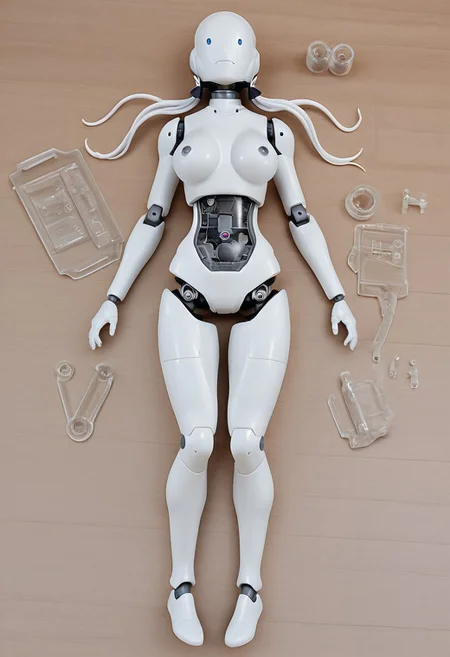 Stable_Yogis_Illustrious_Positives, plastic kit, female sex robot, 3d, model, body parts disconnected, human synthetic head,