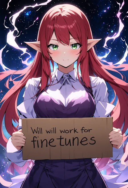 a female anime character with long, flowing red hair, that appears to be made of ethereal, swirling patterns resembling the Northern Lights or Aurora Borealis. The background is dominated by deep blues and purples, creating a mysterious and dramatic atmosphere. The character's face is somber, with soft tanned skin, green eyes, elf ears, and striking features. She wears a violet-colored outfit with subtle patterns. The overall style of the artwork is reminiscent of fantasy or supernatural genres, holding a large cardboard sign that says "Will work for finetunes"