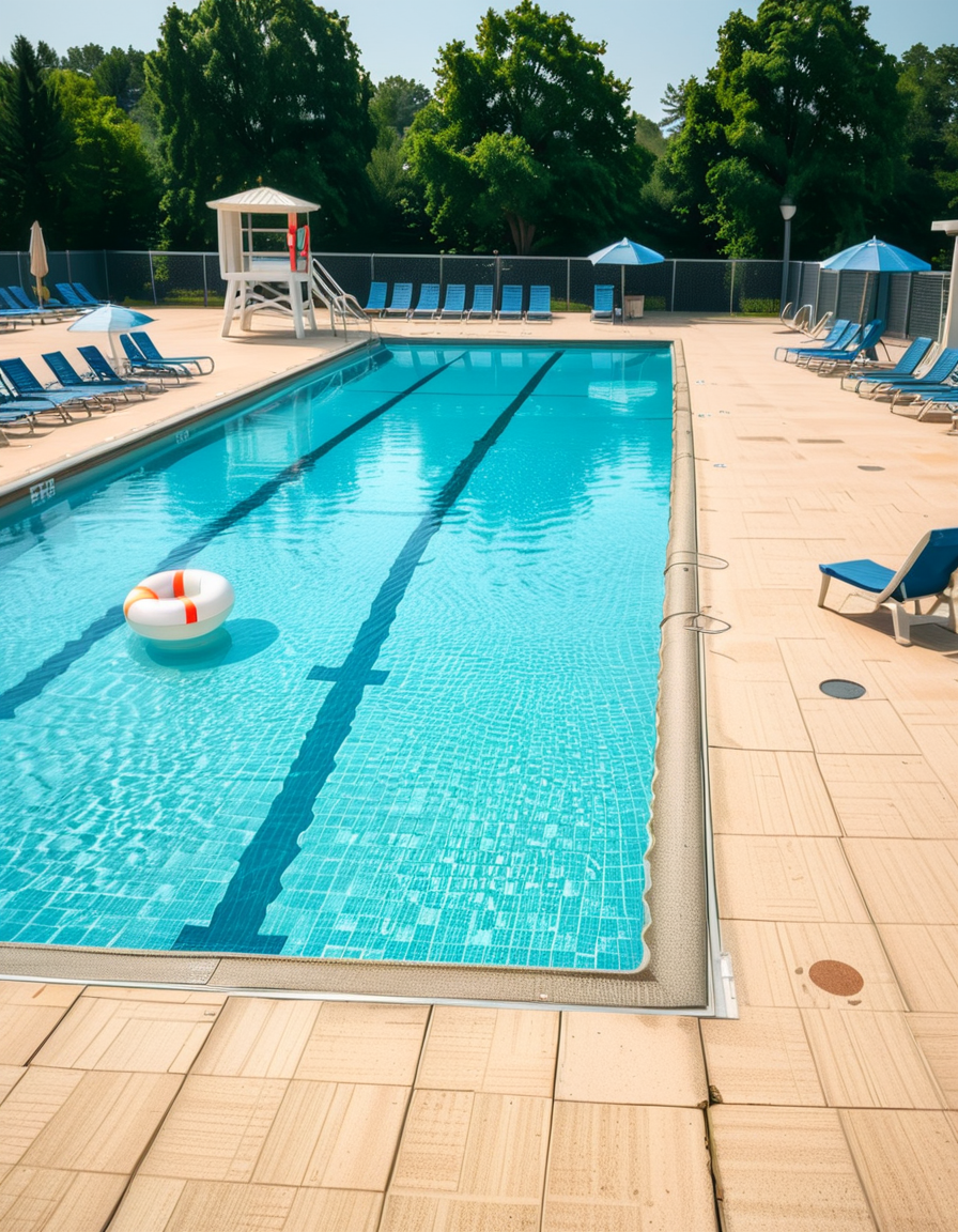 A large public swimming pool on a sunny day, completely empty of people. The clear blue water is still, reflecting the bright sky. Sunlight creates shimmering patterns on the tiled pool floor. The pool deck is lined with neatly arranged lounge chairs and colorful umbrellas. A lifeguard chair stands vacant at the poolside. Surrounding the area, lush green trees and well-maintained landscaping add a sense of tranquility. The atmosphere is calm and serene, with no movement except for the gentle ripples in the water.
<lora:SDXLFaeTastic2400:0.4> <lora:extremely_detailed:0.4> extremely detailed, <lora:public_swimming_p00l:1>,public swimming p00l, Masterpiece,best quality,hi res,8k,hi res,8k,award winning,(sharp focus, intricate, highly detailed),