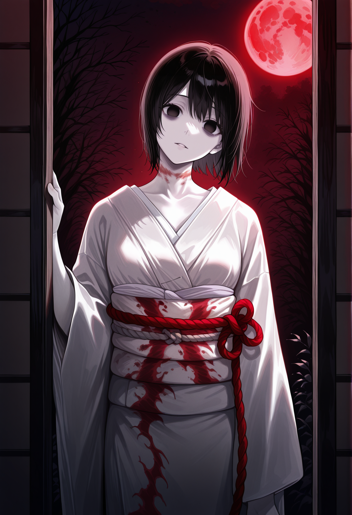 horror \(theme\), night, red moon, sliding doors,  1girl, neck mark, short hair, black eyes, white kimono, obi, rope, pale skin, monster girl, head tilt, looking at viewer, empty eyes  <lora:Sae_Kurosawa_fatal_frame_illus:1>, masterpiece, best quality, amazing quality, very aesthetic, absurdres, highres, newest