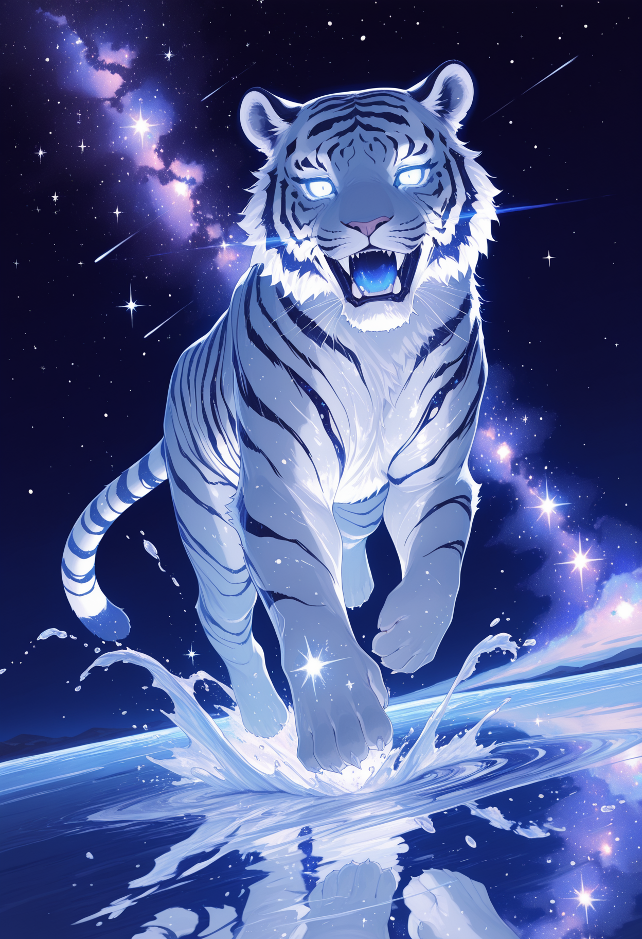 IllusP0s, momosp, galaxy, lineart, no humans, tiger, glowing eyes, running on liquid, running towards viewer, splashing, action shot, dynamic angle, starry background, reflective water, <lora:MomoSweetSpaceILL:1>