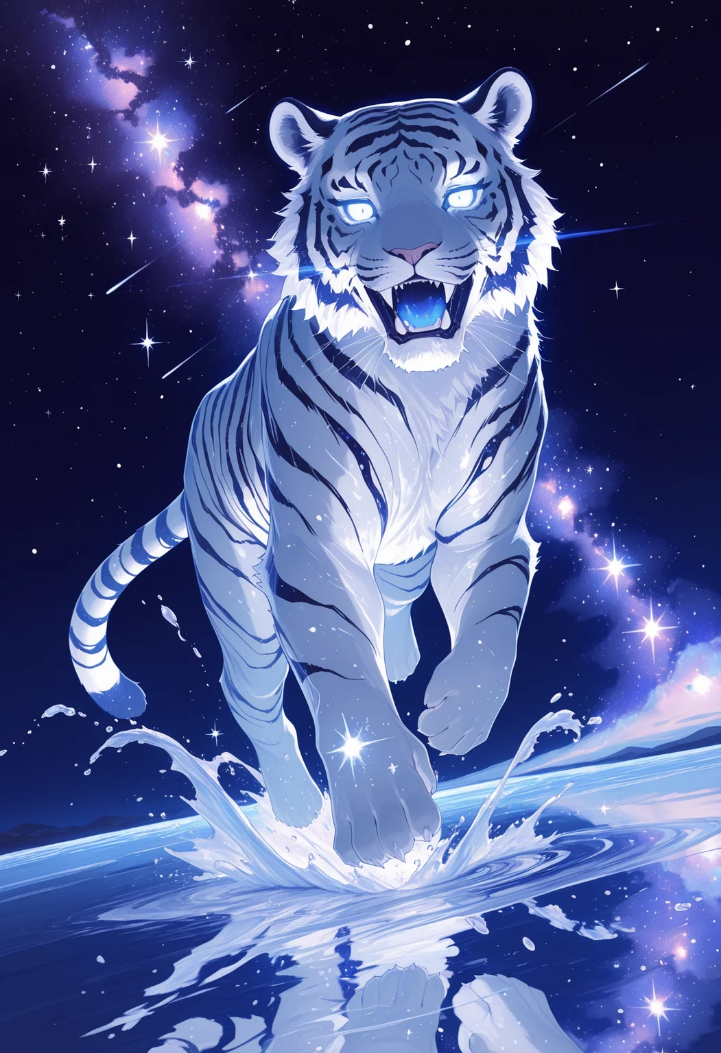 IllusP0s, momosp, galaxy, lineart, no humans, tiger, glowing eyes, running on liquid, running towards viewer, splashing, action shot, dynamic angle, starry background, reflective water, <lora:MomoSweetSpaceILL:1>