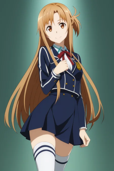 score_9, score_8_up, score_7_up, source anime, prefect lighting, very aesthetic, BREAK, anime coloring, anime screencap, official art,
<lora:asuna_sao_v2-pdv6:1>, 1girl, asuna \(sao\), sword art online, brown eyes, brown hair,
sao survivor school uniform, high-waist skirt, white thighhighs,
BREAK, looking at viewer, smile,
BREAK,