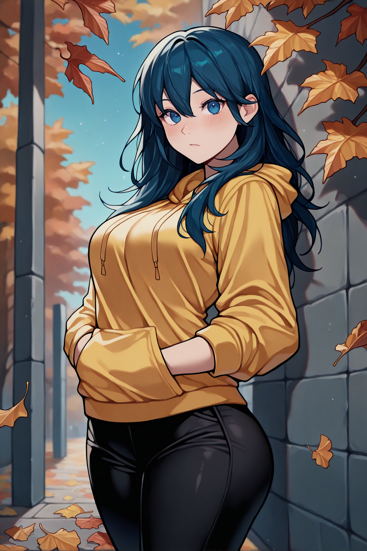 masterpiece, best quality, 1girl, solo, <lora:febyleth-illu-nvwls-v1-000006:1> dfblth, dark blue hair, blue eyes, long hair, hair between eyes, yellow hoodie, black pants, hands in pockets, looking at viewer, blush, blue sky, autumn, leaves