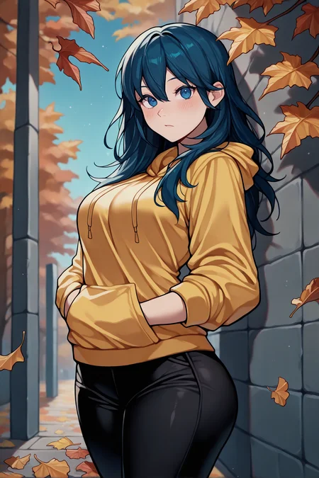 masterpiece, best quality, 1girl, solo, <lora:febyleth-illu-nvwls-v1-000006:1> dfblth, dark blue hair, blue eyes, long hair, hair between eyes, yellow hoodie, black pants, hands in pockets, looking at viewer, blush, blue sky, autumn, leaves