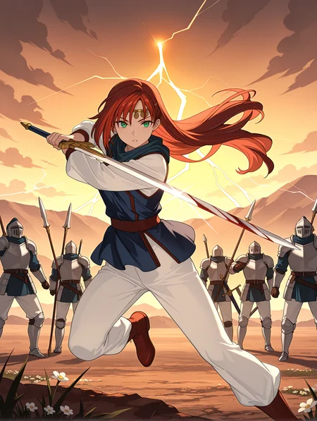 masterpiece,best quality,newest,1girl,solo,
<lora:elenoa_ilxl_v3.1:1>,elenoa,e_circlet,e_02clothes,red hair,very long hair,green eyes,long_sleeves,white sleeves,blue clothes,white pants,red shoes,holding sword,e_sword,
<lora:Fixhands_anime_bdsqlsz_V1:1>,magic,orb,((lightning strike:1.2)),have a sword BREAK blood,blood on clothes,flower,polearm,holding weapon,field,outdoors,spear,solo focus,6+boys,battlefield,motion_blur,lens_flare,knight,landscape,sword,