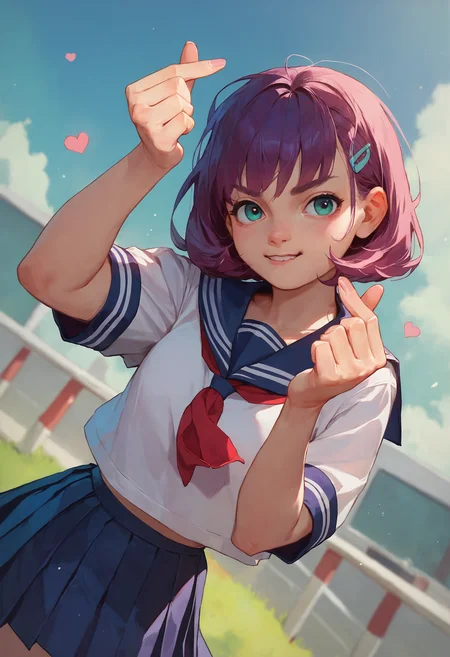 score_9, score_8_up, score_7_up, 1girl double finger heart, serafuku, school uniform, pleated skirt
<lora:finger_heart_korean_retry_1:1>