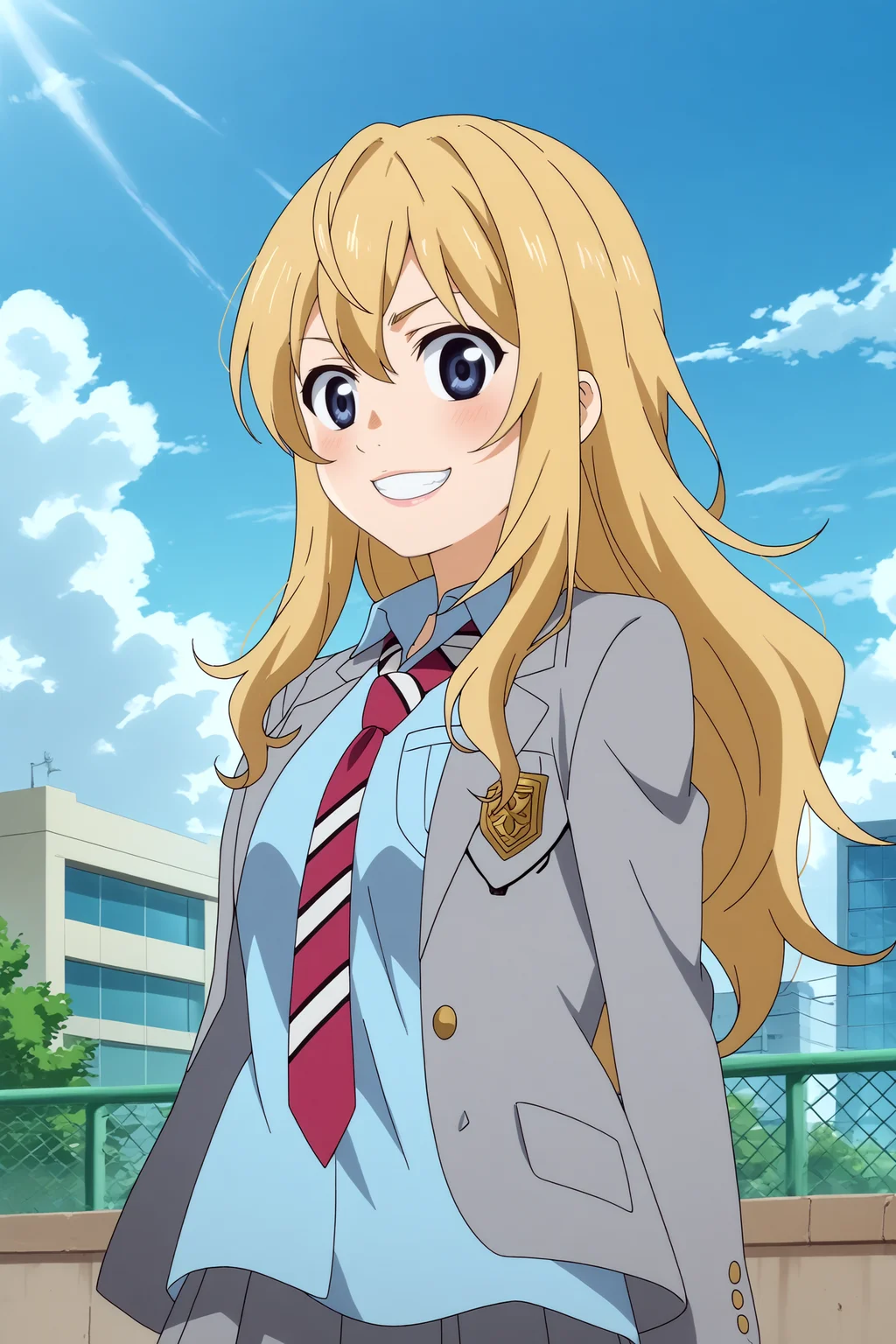 kaori miyazono,1girl,solo,long hair,school uniform,necktie,skirt,jacket,blazer,striped necktie,smile,sakuragaoka high school uniform,cowboy shot,smile,teeth,upper body BREAK outdoors,blue sky,cityscape,sunlight,bright sun,sunshine,cloudy_sky,volumetric fog, volumetric lighting, best quality Masterpiece bouncing breasts <lora:Kaori_Miyazono_-_Your_lie_in_april_Shigatsu_wa_Kimi_no_Uso.safetensors:0.8> <lora:detailed_backgrounds_v2.safetensors:0.5>