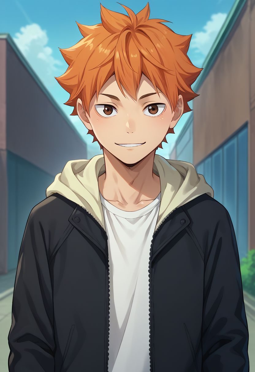 score_9, score_8_up, score_7_up, source_anime, highly detailed, 
hinata, 1boy, male focus, solo, orange hair, brown eyes, upper body, smile, looking at viewer, jacket, black jacket, open cloth, hoodie, hood, 
outdoor,
