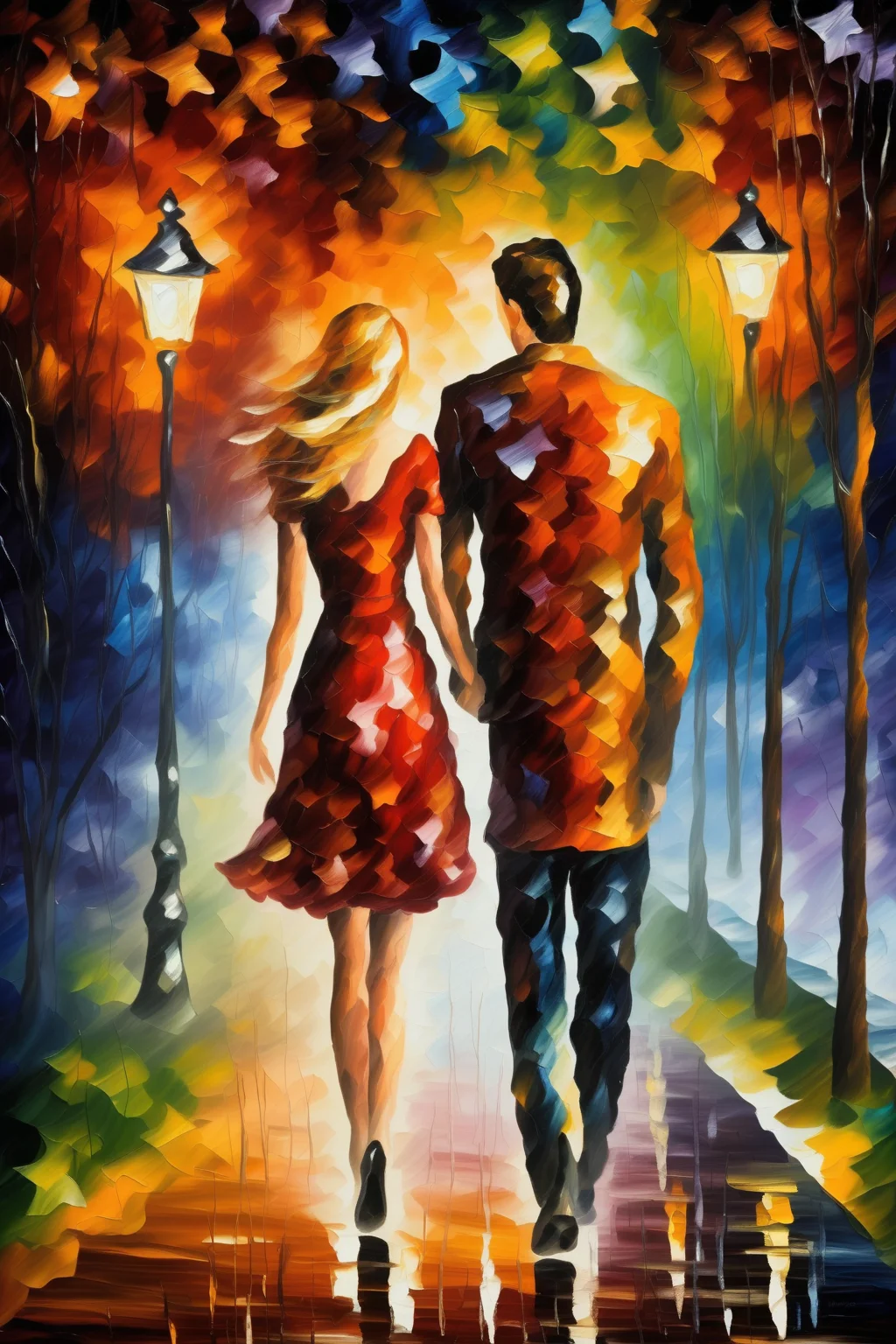 <lora:Leonid Afremov Style:1>Leonid Afremov Style - a man with dark hair & a beard is walking hand in hand with a blonde haired woman in a red dress. There is a bench & street lights, the stars are out & there is a moon. Leonid Afremov style