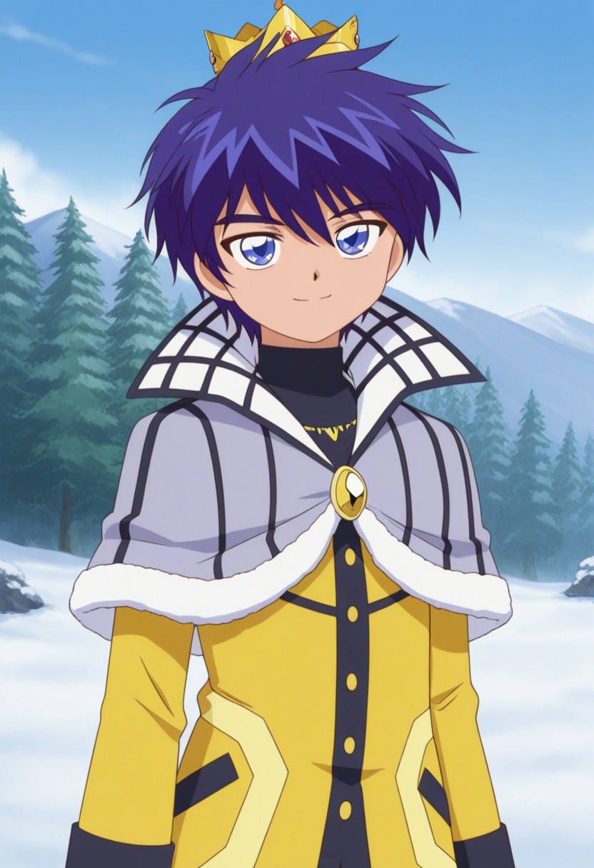 masterpiece,best quality,amazing quality, source_anime, retro artstyle,
sheido, 1boy, male focus, solo, blue eyes, blue hair, crown, shirt, black shirt, turtleneck, capelet, grey capelet, coat, yellow coat,  smile,
outdoor,