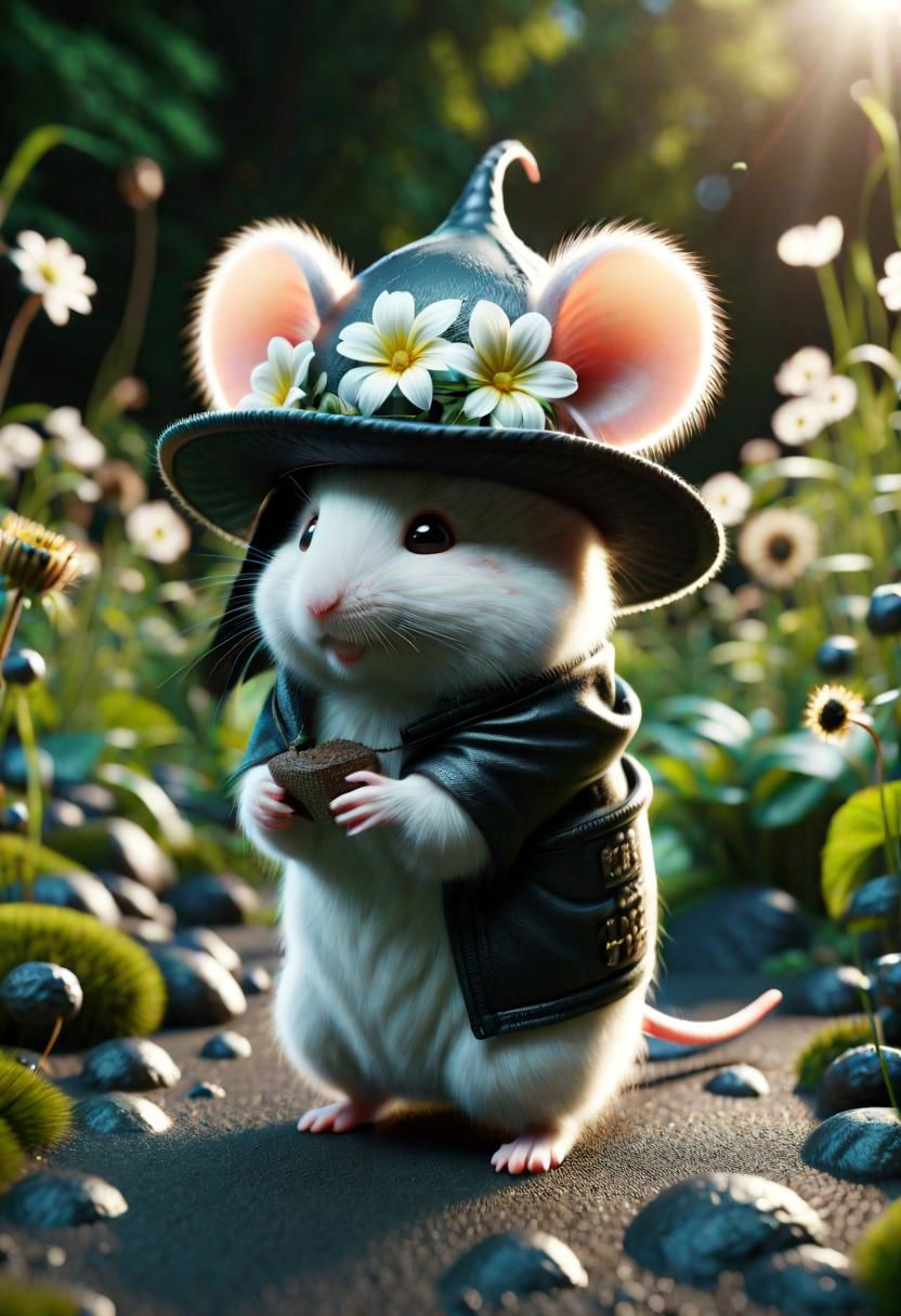 ral-fluff,<lora:ral-fluff:1>,
chibi,masterpiece,best quality,original,official art,black metallic fantasy mice,hat,flower,blurred background,rendering,beautiful detailed glow,(detailed ice),beautiful detailed water,sunny, blurred flower, happy