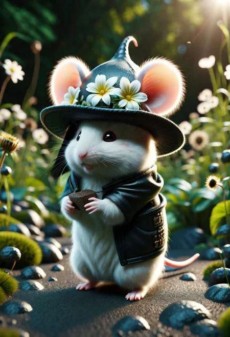 ral-fluff,<lora:ral-fluff:1>,
chibi,masterpiece,best quality,original,official art,black metallic fantasy mice,hat,flower,blurred background,rendering,beautiful detailed glow,(detailed ice),beautiful detailed water,sunny, blurred flower, happy