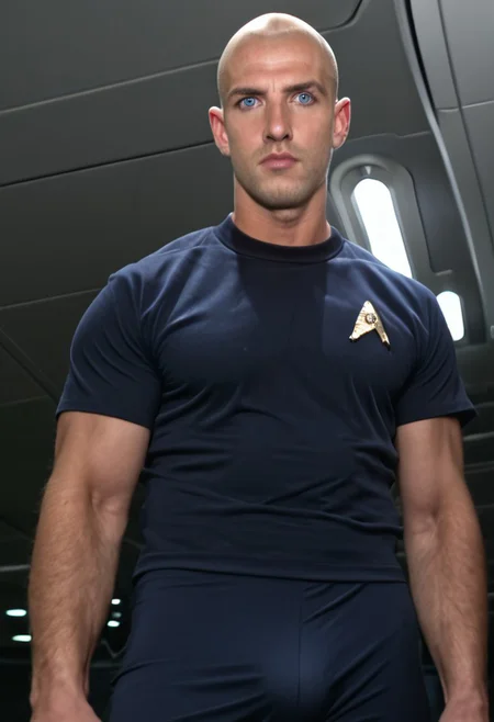 1boy, 20 year old male, Handsome, masculine, blonde, star trek, red shirt, muscle, tall, tight shirt, wide pectorals, big shoulders, wide shoulders, muscular neck, German, standing at attention, bald, big pale blue eyes, abs, biceps, serious facial expression, phaser, hand, long bulge in his pants, ((((view from below)))),
1960 black dress pants, pants,
stunf, star trek uniform, uss enterprise ncc-1701 interior background, star trek, space ship interior, 1960s TV,