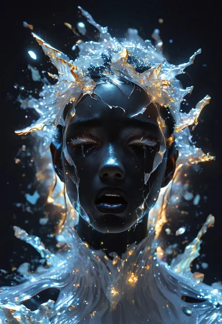 score_9, score_8_up, score_7_up, The shards are predominantly silver with hints of gold, blue, and pink, creating a mesmerizing, multi-colored effect that reflects light in a kaleidoscopic manner. The face is abstract yet recognizable, with closed eyes, a slightly open mouth, and a serene expression. The shards are arranged to form the contours of the face, including the nose, cheeks, and jawline, with some pieces overlapping and others protruding. BREAK, The image is a high-resolution photograph of a person's face, taken in a dramatic, almost surreal style. The subject is a woman with black hair, a fair complexion and striking features. Her body is covered with a black translucent fabric that drapes over her shoulders, creating a ghostly, ethereal effect, which contrasts sharply with the black skin and the black film, white tears, crying, black background