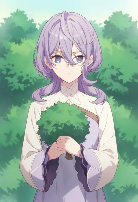 score_9, score_8_up, score_7_up, source_anime, philia parnacorta, purple hair, purple eyes, solo, holding, looking at viewer, 1girl, outdoors, hair between eyes, shirt, bush, layered sleeves, long sleeves
