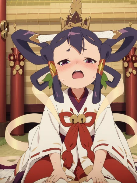 score 9, score 8 up, score 7 up, detailed background, shiny skin,
<lora:sakuna.pony:1>,
sakuna, goddess,
wide hips, 
half-closed eyes, blush, 
sexually aroused, sexually suggestive, seductive, 
girl on top, sweat, moaning,