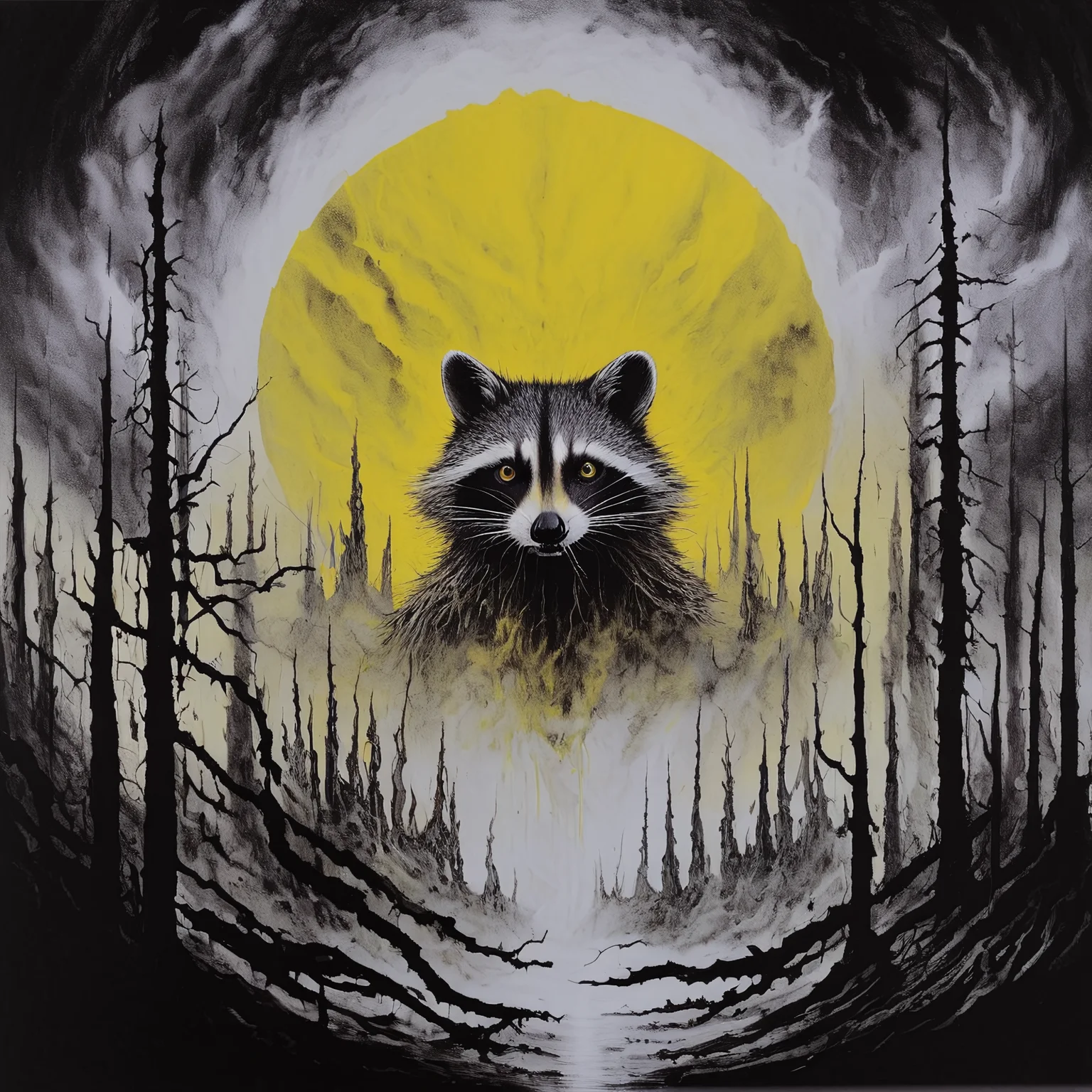 blackmetal style, xerox fog storm clouds, dead trees, circular portal to central religious raccoon, splash of yellow paint,
<lora:black_metal_art:1.0>