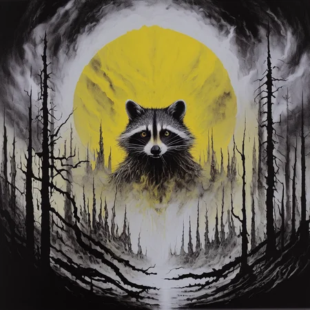 blackmetal style, xerox fog storm clouds, dead trees, circular portal to central religious raccoon, splash of yellow paint,
<lora:black_metal_art:1.0>