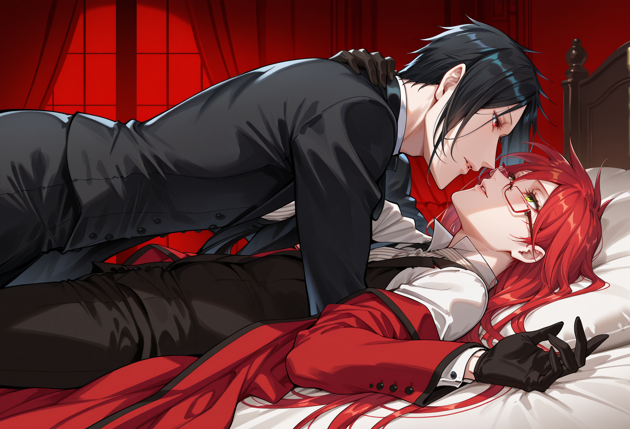 masterpiece, best quality, 2boys, <lora:grell-sutcliff-v1-illustrious:0.9>, coat partially removed, grell sutcliff lying on back, , eyewear,  96yottea, kuroshitsuji, gloves,formal suit, sebastian michaelis all fours, side view, on bed, intimate, romantic, dramatic lighting, clabisho <lora:bishounen-v1-illustrious:0.8>, elegant, parted lips, hands on another, red eyes, green eyes, looking at another, imminent kiss, boys love, male focus,