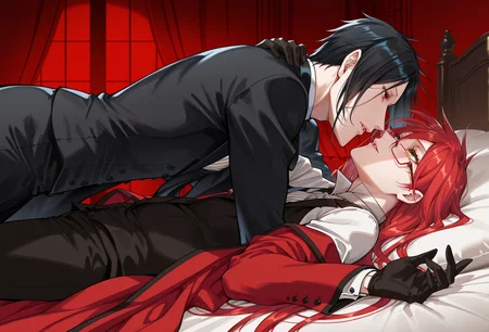 masterpiece, best quality, 2boys, <lora:grell-sutcliff-v1-illustrious:0.9>, coat partially removed, grell sutcliff lying on back, , eyewear, 96yottea, kuroshitsuji, gloves,formal suit, sebastian michaelis all fours, side view, on bed, intimate, romantic, dramatic lighting, clabisho <lora:bishounen-v1-illustrious:0.8>, elegant, parted lips, hands on another, red eyes, green eyes, looking at another, imminent kiss, boys love, male focus,