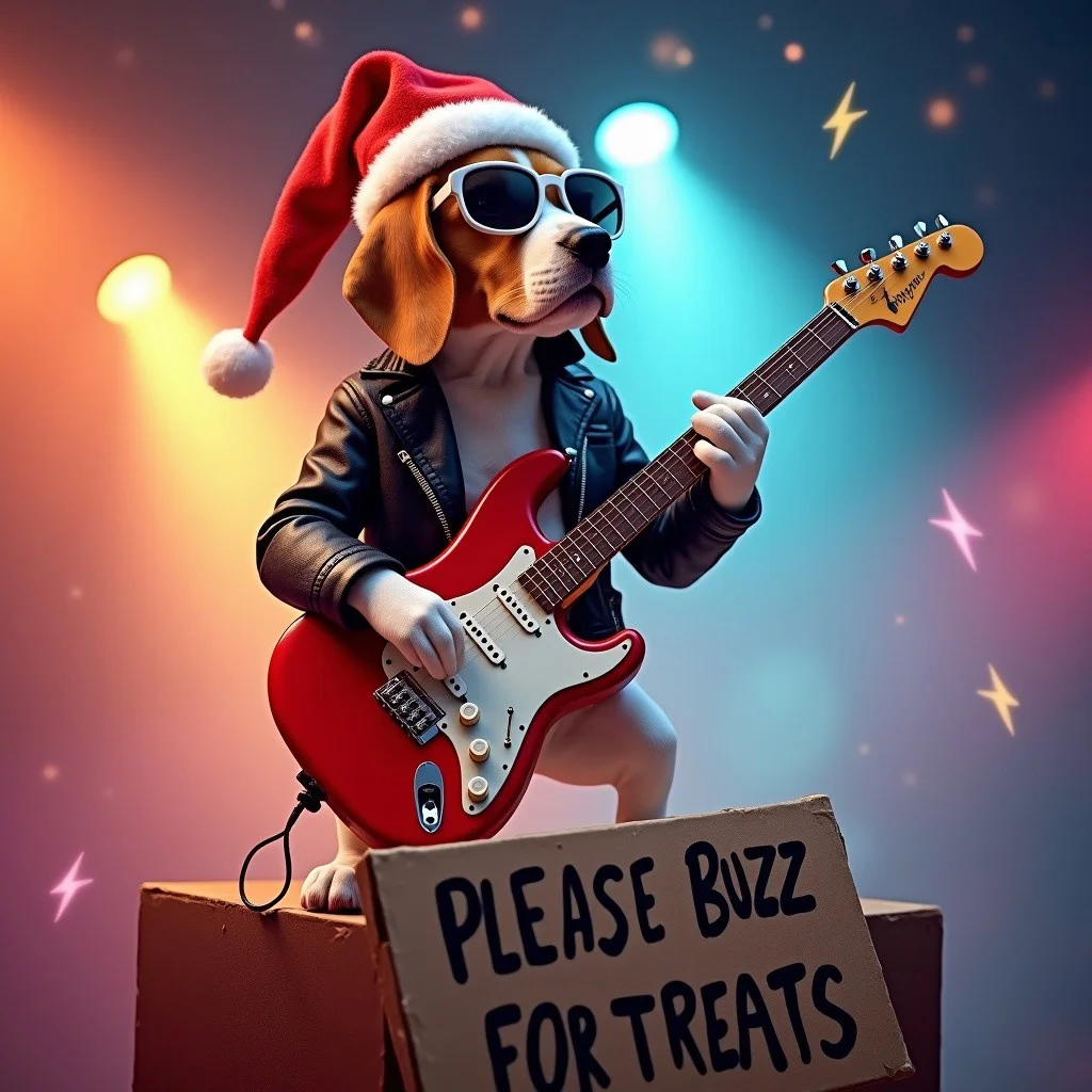 A cute beagle playing the keytar up on a high pedestal, wearing a santa hat, aviators, leather jacket, stage lights and floating lightning symbols, photorealistic, a cardboard sign that says "Please Buzz for Treats", colourful, epic, cinematic shot,