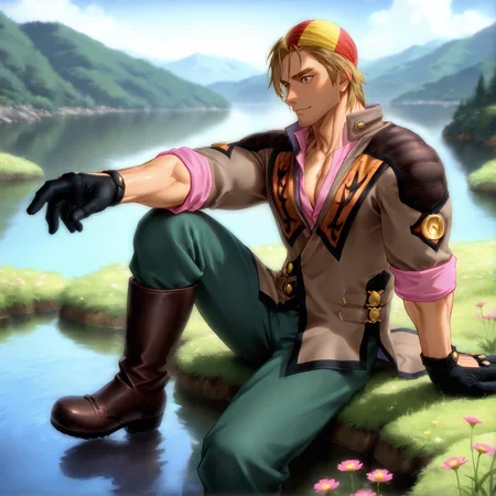 <lora:malikcaesar_ilxl:1>, malik caesars, blonde hair, brown eyes, facial hair, black gloves, brown vest, pink undershirt, sleeves rolled up, green pants, boots
sitting, lake, spring_(season), gras, flowers,
(very short hair, body hair), male focus, muscular male, muscular male, bara, mature, solo,
glossy skin, bara, mature, bara, mature, full clothes, sfw
aixiwuganda_(20222192), artist:niichi \(niichi21\), artist:jezz mons art, artist:my eight, very awa, masterpiece, best quality, absurdres, newest, perfect quality, detailed background, intricate details, <lora:slider_Body Type_alpha1.0_rank4_noxattn_last:2><lora:style_Anime Summer Days 2 Style SDXL_LoRA_Pony Diffusion V6 XL:.6><lora:slider_cfg_scale_boost:.7><lora:face_Artist6p-10:.55>, Artist6p, Artist04p,,<lora:slider_il_brightness_slider_d1:-.5><lora:slider_il_contrast_slider_d1:-1>,
