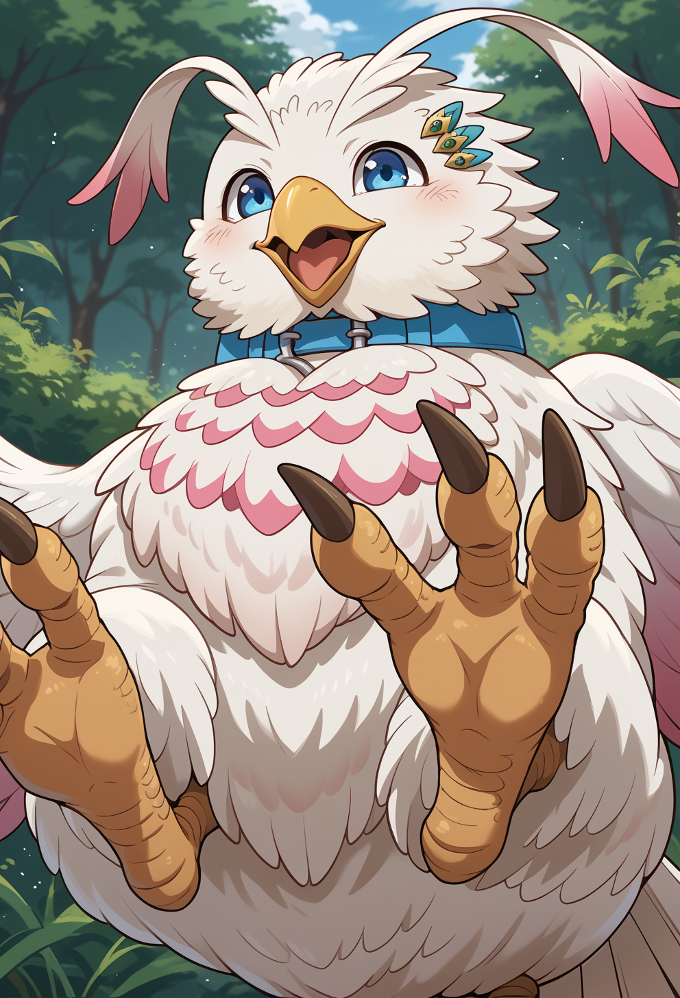 score_9, score_7_up, source_anime,  <lora:AEFiloPony:0.8> BREAK 
AEFiloBird, animal, beak, bird, blue collar, blue eyes, hairclip, talons, white feathers, wings,  happy, open mouth,