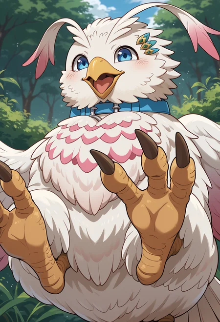 score_9, score_7_up, source_anime, <lora:AEFiloPony:0.8> BREAK
AEFiloBird, animal, beak, bird, blue collar, blue eyes, hairclip, talons, white feathers, wings, happy, open mouth,