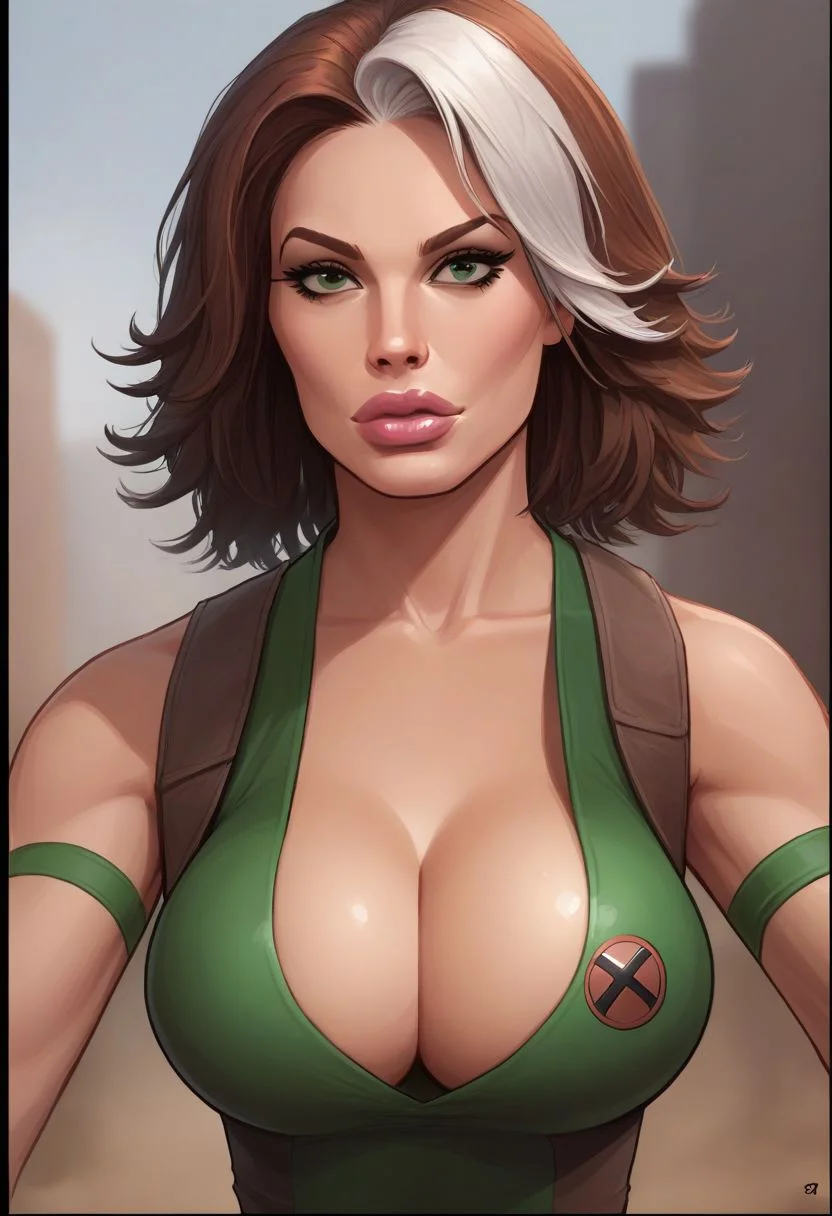 score_9, score_8_up, score_7_up, source_western, TemogamComic, BREAK, view from front, close up face portrait, detailed face, Rogue from X-men, 1girl, bimbo, cleavage,