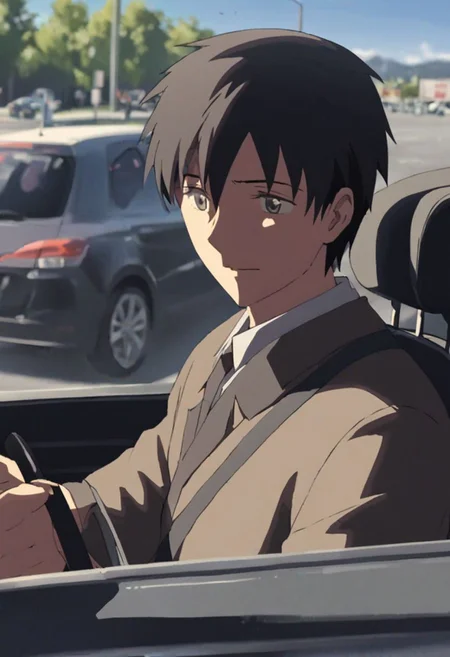 Highres, Masterpiece, High Quality, 4K, 8K, solo, 1Boy, Takaki Toono, adult, black hair, short hair, driving a car, in a car, parking lot, concentration, serious, focused, tired, cheerful, sunny weather, easynegative, detailed_eye_model