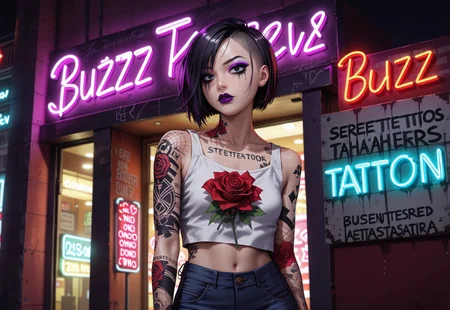 safe_pos, buzz, ((((neon sign with text buzz)))),Masterpiece,best quality,highresolution,very aesthetic,anime style,MythAn1m3,detailed eyes,art by mooncryptowow,
1 female solo,black hair,short hair,inverted bobcut,dark purple lipstick,purple eyeshadow,mascara,left sleeve tattoo, right sleeve tattoo,Body tattoos, shoulder tattoos,flower tattoos,black and red ink tattoos, Japanese Tattoo Style,red roses tattos,small breasts,
midrif crop top,cutoff jeans
long shot ,fromfront,low angle
background,street,neon signs,
standing,((((neon sign with text buzz))))