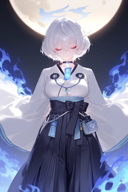 1girl, solo, closed eyes, japanese clothes, choker, hakama, skirt, blue fire, white hair, short hair, white kimono, ofuda, closed mouth, necklace, fire, kimono, halo, jewelry, hakama skirt, hair between eyes, talisman, facing viewer, bangs, long sleeves, wide sleeves, pouch, breasts, black choker, moon, glowing, klausherbert, masterpiece, best quality, good quality, newest