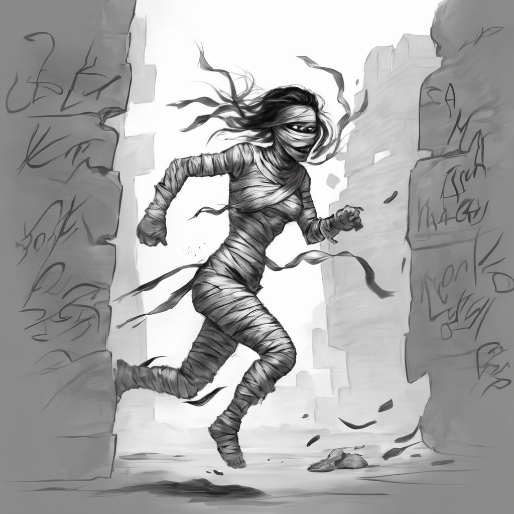 <lora:SDXL_mummy_Sa_May:1> mummy, a desiccated mummy woman running, black and white sketch