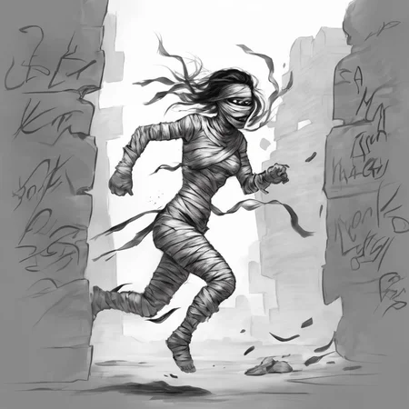 <lora:SDXL_mummy_Sa_May:1> mummy, a desiccated mummy woman running, black and white sketch