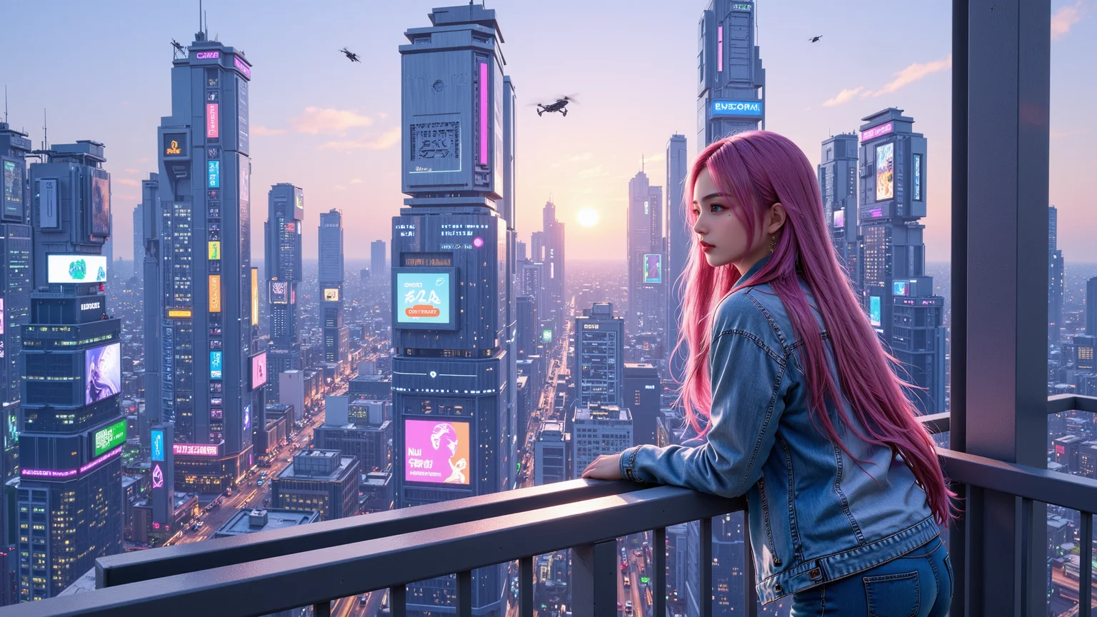 A 20-year-old girl with long pink hair,wearing a distressed denim jacket and form-fitting denim pants,leans slightly on a high-rise balcony railing,observing the lively streets below. The skyline is dominated by high-tech skyscrapers adorned with neon lights,flying drones,and virtual advertisements. She is surrounded by a cool blue and purple glow from the city's countless electronic displays,and a soft wind makes her hair flutter. The feeling of a futuristic megacity pulsates around her.,<lora:kcyberpunk-01:0.6>,kcyberpunk,<lora:yuukananri-base-02-flux:0.8>,yuukananri,she has a slender physique and a petite build,