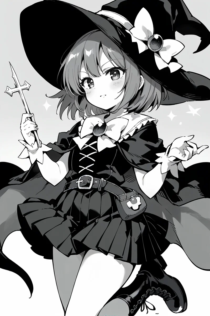 score_9, score_8_up, score_7_up, score_6_up,
<lora:Kihyahya:1> kihyahya, greyscale, monochrome, 1girl, hat, witch hat, medium hair, magical girl, skirt, cross-laced footwear, belt, pleated skirt, solo
