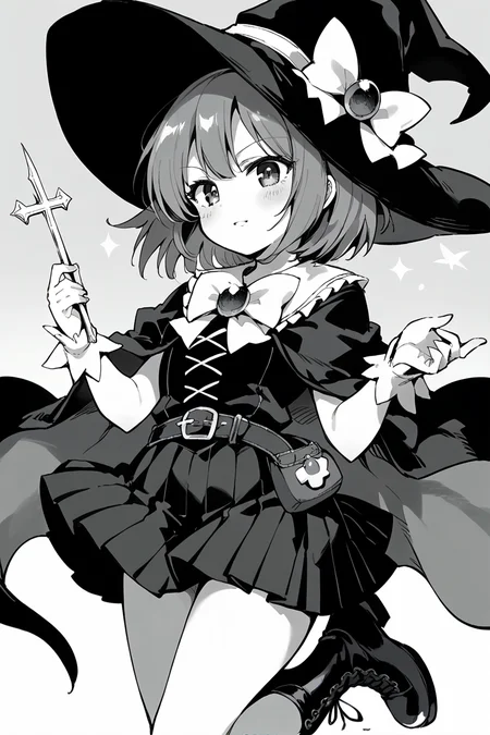 score_9, score_8_up, score_7_up, score_6_up,
<lora:Kihyahya:1> kihyahya, greyscale, monochrome, 1girl, hat, witch hat, medium hair, magical girl, skirt, cross-laced footwear, belt, pleated skirt, solo
