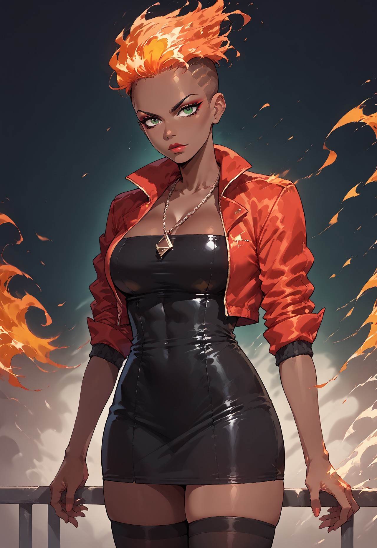 safe_pos, score_9, score_8_up, score_7_up, source_anime, BREAK 1girl, solo, amirarashid, orange hair, fiery hair, undercut, dark skin, dark-skinned female, makeup, big breasts, red jacket, sleeves rolled up, black dress, thighhighs, necklace, green eyes,