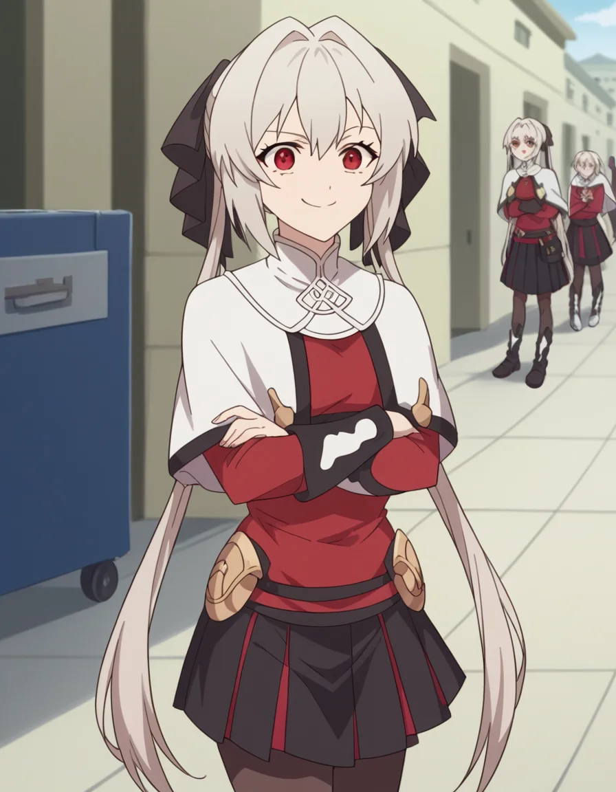 score_9, score_8_up, score_7_up, source_anime, <lora:lynneburg-clays-s1-ponyxl-lora-nochekaiser:1>, lynneburg clays, long hair, red eyes, twintails, grey hair, hair intakes, hair ribbon,, pantyhose, capelet, white capelet, dress, red dress, long sleeves, skirt, black skirt, pleated skirt,, airport, waiting area, suitcase, flight delayed, passengers, reading book, smile, , crossed arms, smile, smug, solo,, cowboy shot, dutch angle